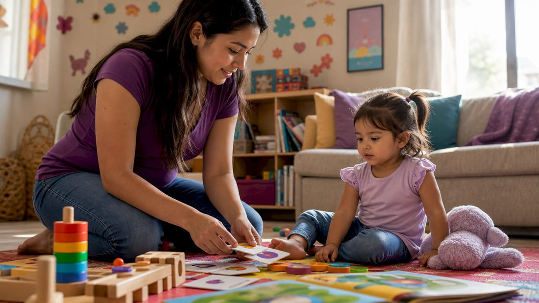 Mother and toddler exploring bilingual learning materials