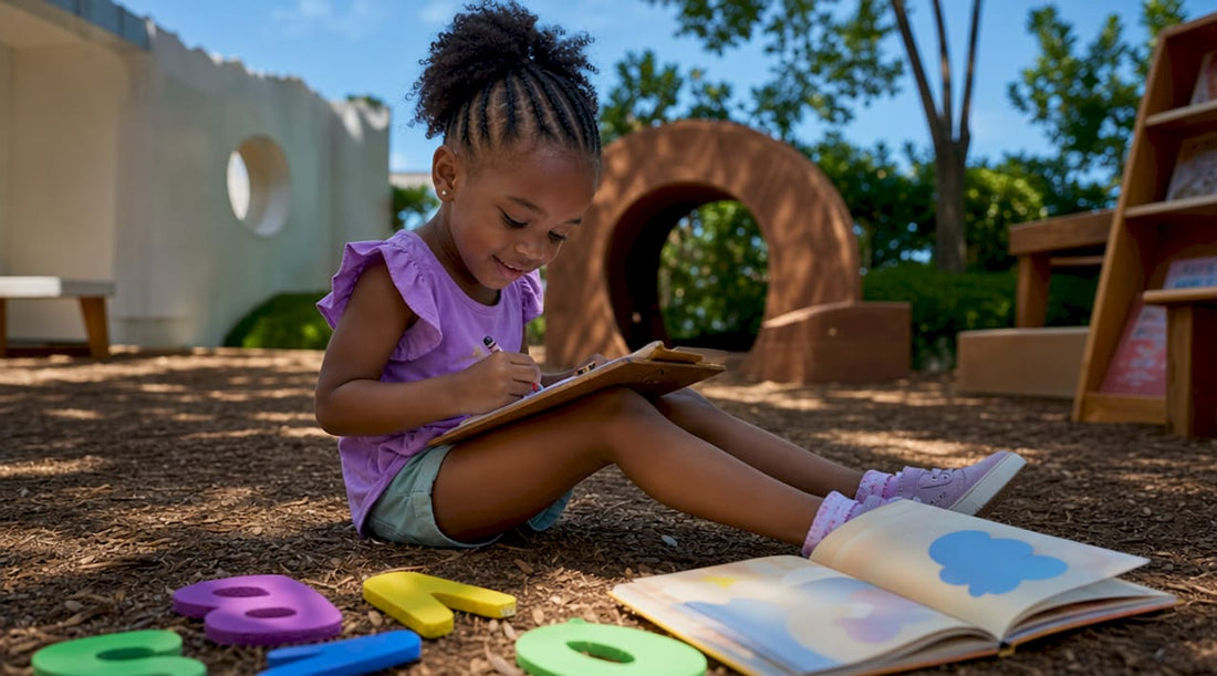 Child engaged in playful writing activity