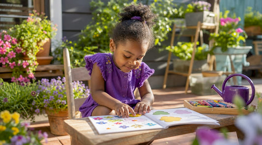 Child using activity book independently on rug