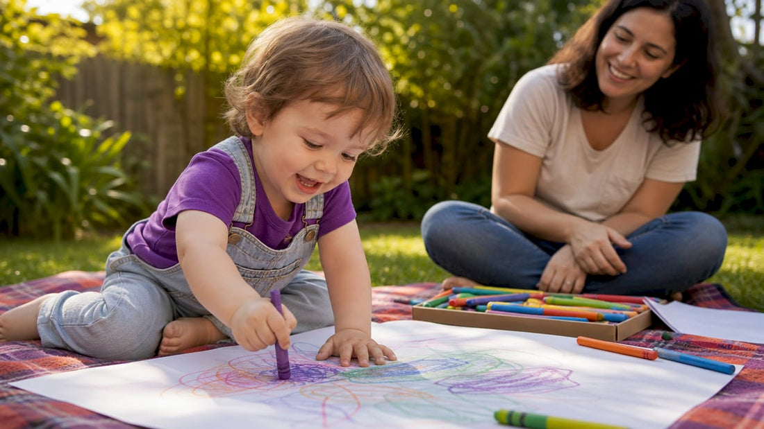 Toddler practicing early writing skills with crayons