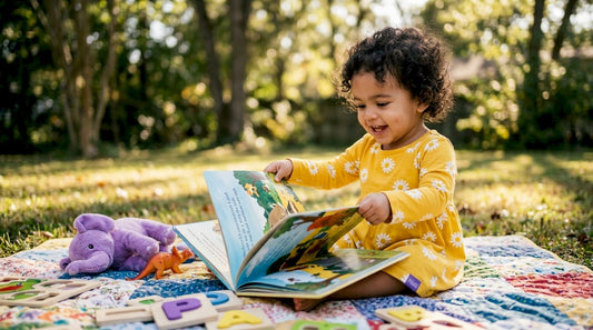 Toddler girl playing with books and blocks