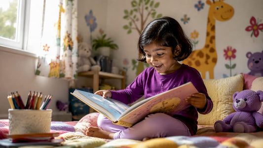 Child reading colorful illustrated book