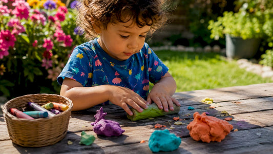 Child hands molding colorful playdough