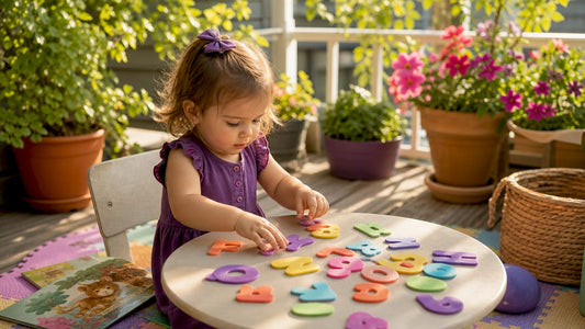 Preschool girl engaging with letter recognition tools