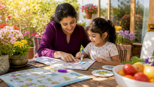 Mother and child using multilingual learning tools at home