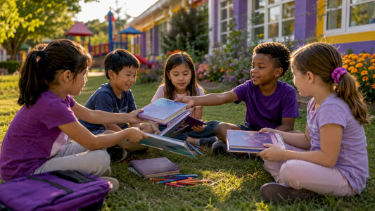 Students sharing reusable books in classroom