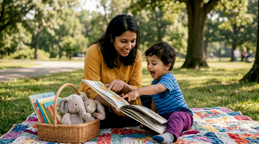 Mother reading educational book to toddler boy