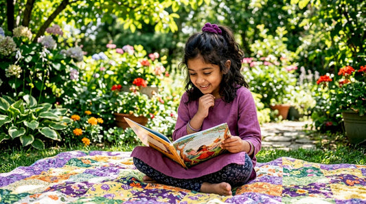 Child reading colorful cultural book at home nook