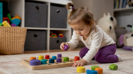 Young child stacking and sorting blocks at table