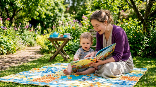 Adult reading picture book to toddler indoors