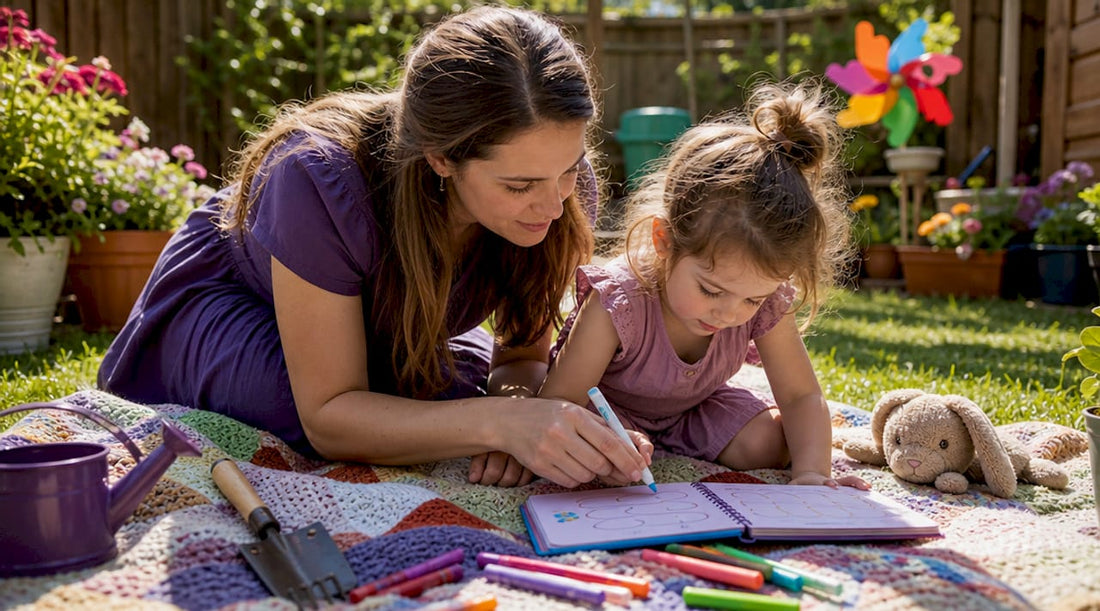 Mother and child using reusable tracing book together