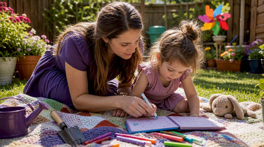 Mother and child using reusable tracing book together