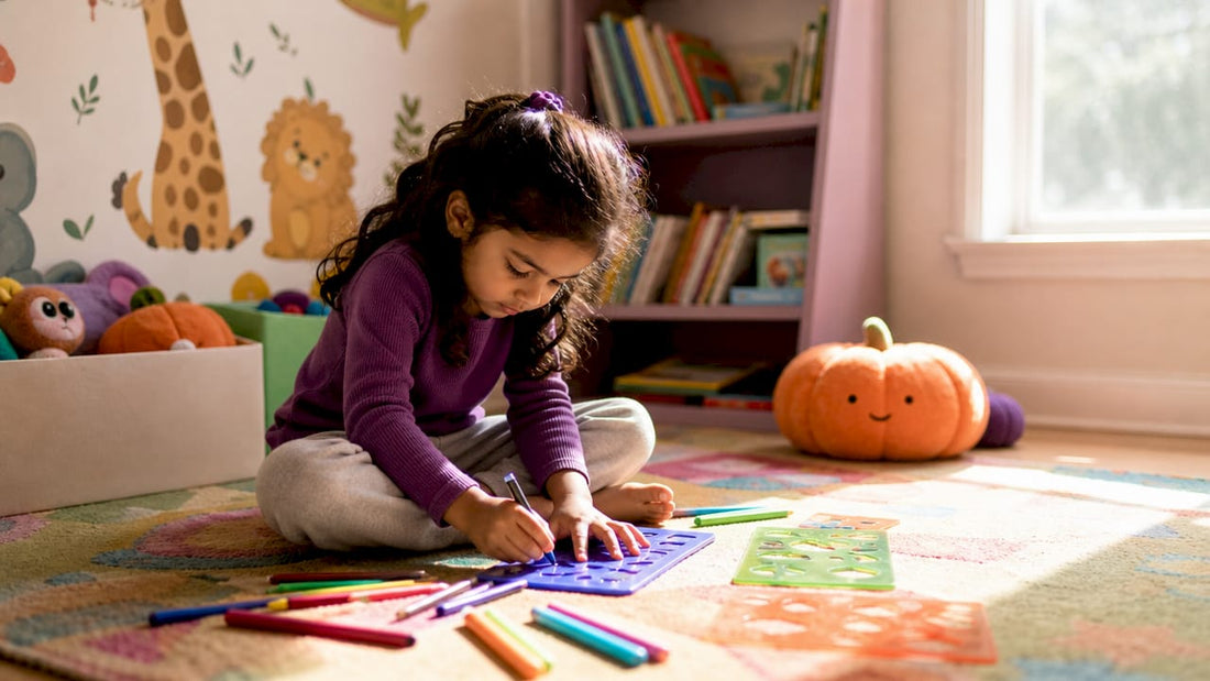 Young girl tracing letters on reusable writing book