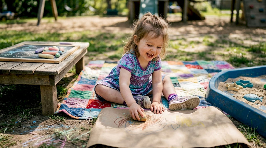 Toddler using egg-shaped crayon on paper
