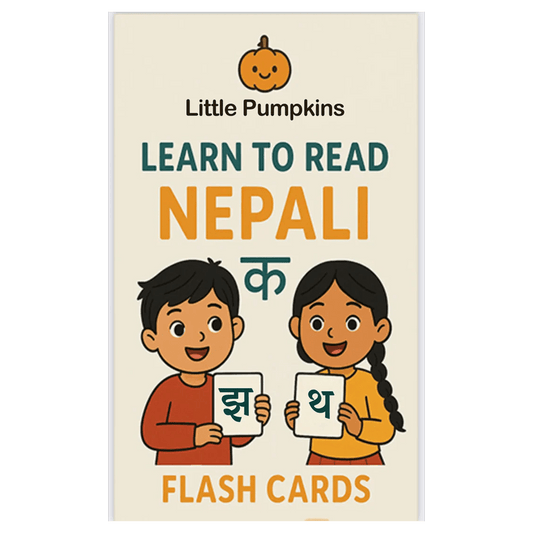 Little Pumpkins Nepali flashcards arranged as visual prompts for a child’s heritage-language pretend shop game
