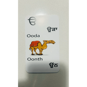 Punjabi alphabet learning card featuring letter and English translation