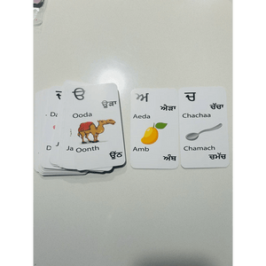Punjabi alphabet flashcard showing Gurmukhi letter with English translation
